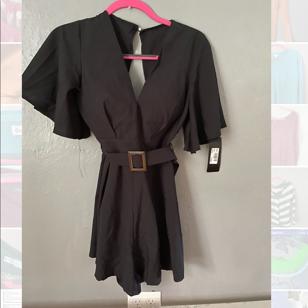 Black belted open back romper
